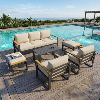 7 Seats Aluminum Outdoor Patio Conversation Sets with Coffee Table, 6 Pieces Metal Conversation Sectional Furniture Sofa for Balcony, Garden, Deck, Backyard,Beige1