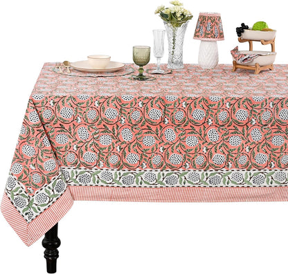 Dark Salmon Pink Hand Block Print Cotton Rectangle Tablecloth 60" X 60" Inches Reusable Table Cover Decorative Everyday Use for Dining Room, Farmhouse, Home Gift for Spring, Mother'S Day1