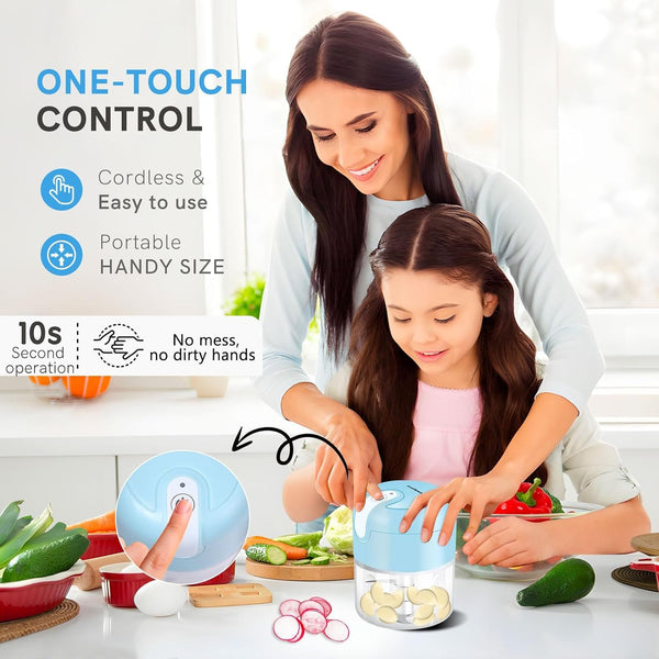 EASYSPEED Electric Garlic Chopper 1Cup, Mini USB Charging Wireless Food Processor with 304 Stainless Steel, 3 Sharp Blades, Portable Kitchen Meat Grinder for Onion, Garlic, Ginger, Chili,Blue3