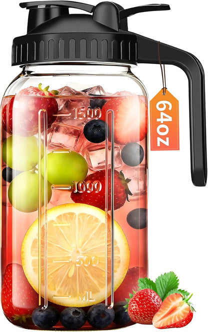 64 Oz Mason Jar Pitcher with Lid, Airtight & Leakproof Glass Pitcher | 2 Quart (1/2 Gallon) Mason Jar with Pour Spout, Easy-Grip Handle, Wide Mouth, Cold Brew and Breastmilk, Iced Tea, Sun Tea1