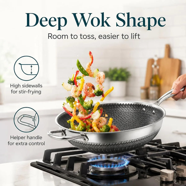 12.6 Inch Stainless Steel Honeycomb Wok Pan with Standing Glass Lid, Flat Bottom Stir Fry Pan for Induction, Gas & Electric Stoves, Physical Stick-Resistant Surface, Dishwasher Safe5