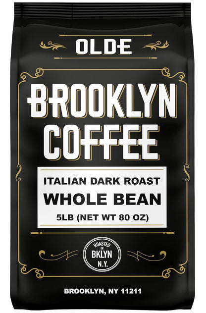 BROOKLYN COFFEE Whole Bean, Italian Dark Roast (5Lb) Extra Strong, Delicious Taste, Heavenly Aroma - Fresh Bulk Coffee Beans Roasted Weekly in NYC1