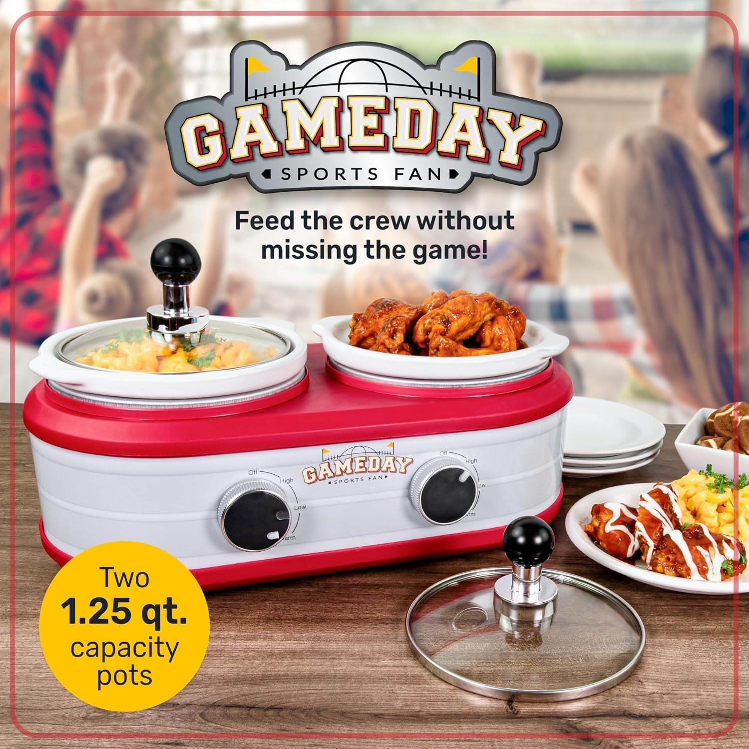 game-day-2-5-quart-2-section-slow-cooker-with-lid-and-ladle-keg-like-design-cooks-chicken-wings-meatballs-chilli-cheese-soup-stews-and-more
