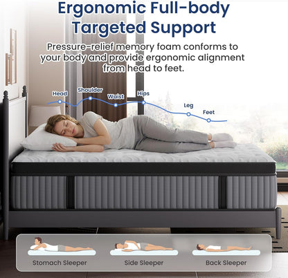 Medium Firm Queen Mattress 14 Inch, Deep Sleep Hybrid Mattresses 7-Zone Pain Relief - Medium Firm Bed in a Box - Fiberglass Free, Certipur-Us Certified5