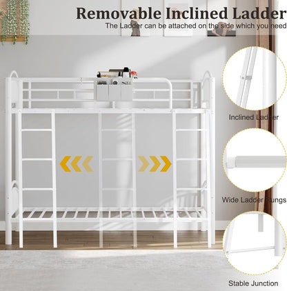 Metal Bunk Bed Twin over Twin, Heavy Duty Industrial Bunkbeds for Adult&Teen with Bedside Caddy, EVA Anti-Slip Convertible Ladder&Flat Rungs, Space Saving Bunkbeds Frame for Bedroom Dorm(White)3