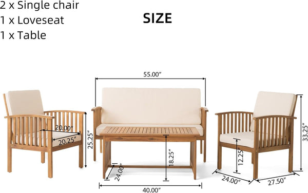 4 Piece Acacia Wood Patio Conversation Table and Chairs Furniture Sets, Outdoor Dining Couch Sofa for Porch Deck Backyard Lawn Balcony Bistro, Brown2