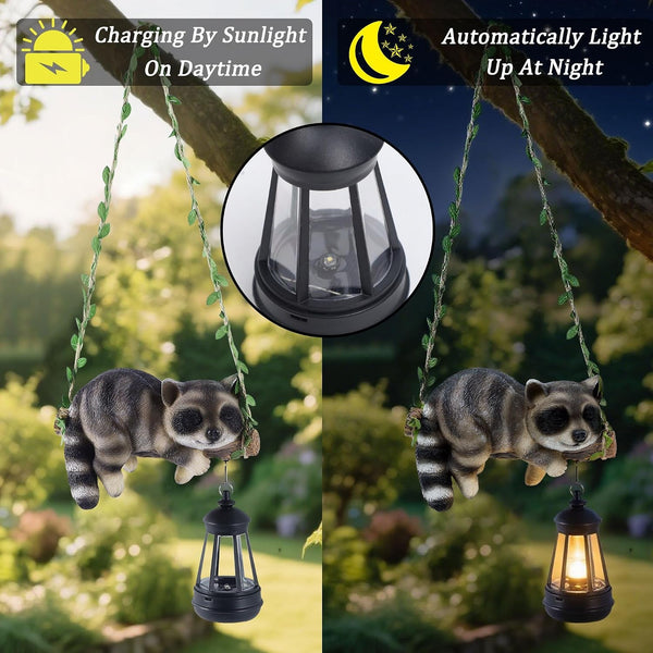 Solar Lighted Garden Outdoor Statue, Hanging Swing Raccoon Style3