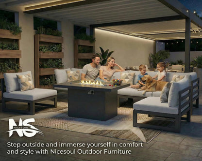 Powder Coated Aluminum Patio Furniture Set with Fire Pit Table, 7 Piece Deep Seat Extra Wide Outdoor Sectional Sofa for 6, L Shaped Luxury Large Conversation Set for Poolside, Light Gray9