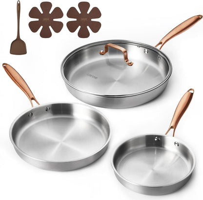7-Piece Tri-Ply Stainless Steel Frying Pan Set, Skillet Set 8"/10"/12", Induction Compatible, Oven & Dishwasher Safe, Gold Handle1
