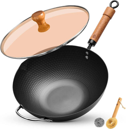 Carbon Steel Wok Pan, 12.6 Inch Flat Bottom Stir Fry Pan with Lid, Uncoated Heavy Duty Iron Wok for Induction and Gas Stoves1
