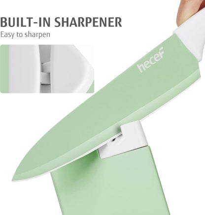 15 Pieces Green Kitchen Knife Set, Built-In Sharpening Wooden Block | Dishwasher Safe, High Carbon Stainless Steel, Includes Steak Knives & Kitchen Scissors3