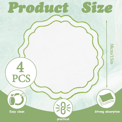 4 Pieces 15''/38 CM Linen Placemats Set, Embroidered Green round Placemats Washable Scalloped Cloth Fabric for Dining Table Decor Place Kitchen Dinner Party2