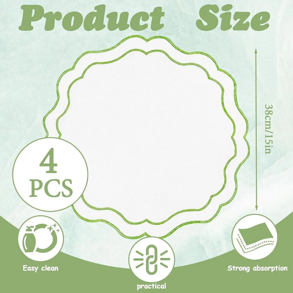 4 Pieces 15''/38 CM Linen Placemats Set, Embroidered Green round Placemats Washable Scalloped Cloth Fabric for Dining Table Decor Place Kitchen Dinner Party2