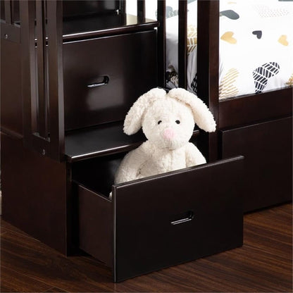 Wood Staircase Storage Bunk Bed, Twin over Twin, Espresso Finish, Eco-Friendly Hardwood, 2 under Bed Drawers, 4 Staircase Drawers, 3 Built-In Shelves, Kids Room Furniture8