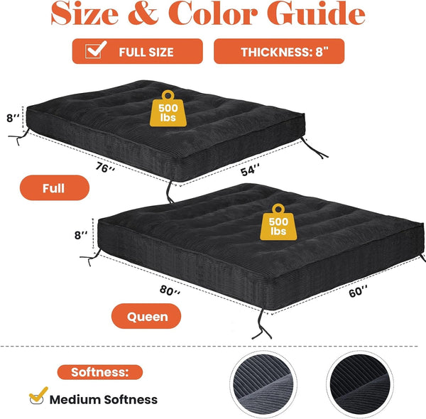 8" Futon Mattress Full Size, Futons Sofa Bed Sleeper Couch Bed, Roll up Mattress with Shredded Foam & 2 Straps for Storage, Futon Floor Mattress for Living Room, Corduroy (Frame Not Included)2