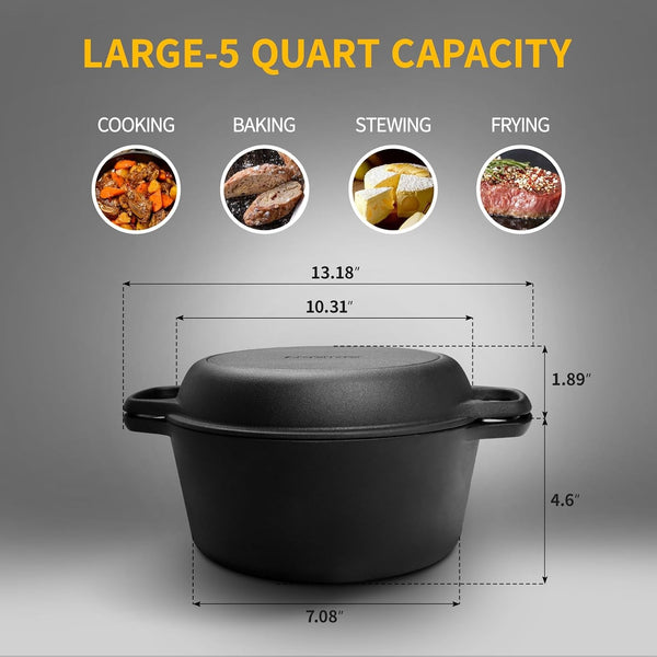 2-In-1 Pre-Seasoned Cast Iron Dutch Oven Pot with Skillet Lid Cooking Pan, Cast Iron Skillet Cookware Pan Set with Dual Handles, Indoor Outdoor for Bread/Frying/Baking/Camping/Bbq, 5 Qt3