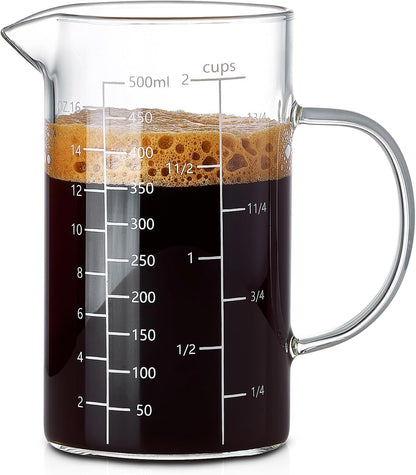 500ML 2 CUP Glass Liquid Measuring Cup with Handle, High Borosilicate Glass Three Scales (OZ, Cup, ML/CC) for Kitchen or Restaurant, V-Shaped Spout Glass Measuring Beaker, Easy to Read1