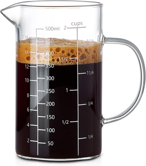 500ML 2 CUP Glass Liquid Measuring Cup with Handle, High Borosilicate Glass Three Scales (OZ, Cup, ML/CC) for Kitchen or Restaurant, V-Shaped Spout Glass Measuring Beaker, Easy to Read1