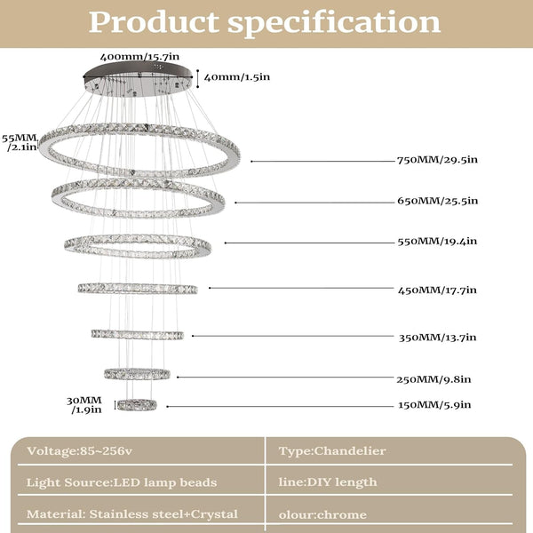 7-Ring Crystal LED Chandelier, 6000K for High Ceilings3