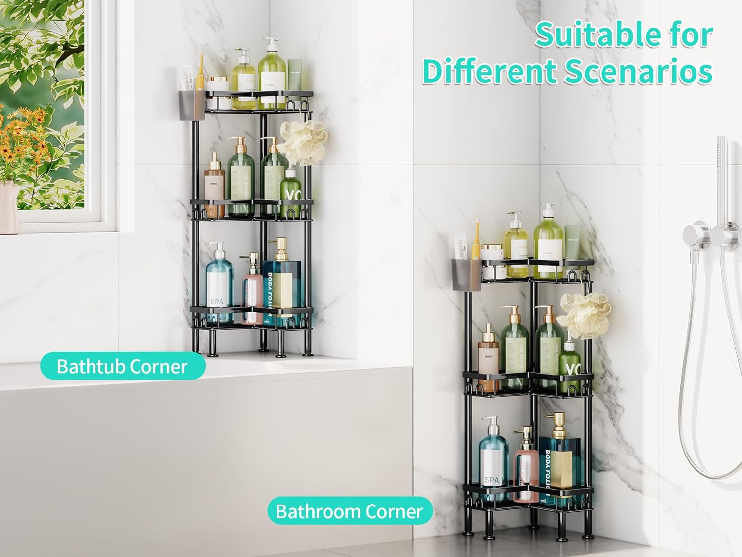 standing-shower-caddy-corner-3-tier-corner-shower-organizer-with-toothbrush-holder-and-12-hooks-large-capacity-rustproof-bathroom-shelves-for-tall-bottles-black