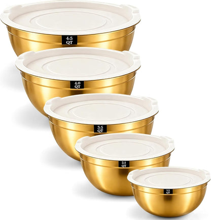 5-Piece Gold Stainless Steel Mixing Bowls with White Lids, Nesting Mixing Bowl Set in 1.5, 2.1, 3.5, 4 and 4.5 QT Sizes for Baking, Cooking, Meal Prep, Salad, Everyday Kitchen Use and Food Prep1
