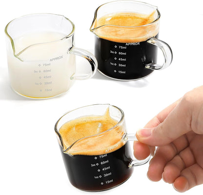4 Pack Measuring Cups Espresso Shot Glasses, Double Spouts Espresso Cup Glass Graduated 75 ML/ 2.5 OZ for Milk Pitcher, Coffee Maker Accessories4