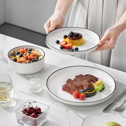 Plates and Bowls Sets, 12 Pieces Modern Porcelain Dinnerware Set for 4 White Kitchen Dinner Dining Ware Set Wtih Black Rim Ceramic Dishware Dishes Microwave and Dishwasher Safe, Series LUNA8