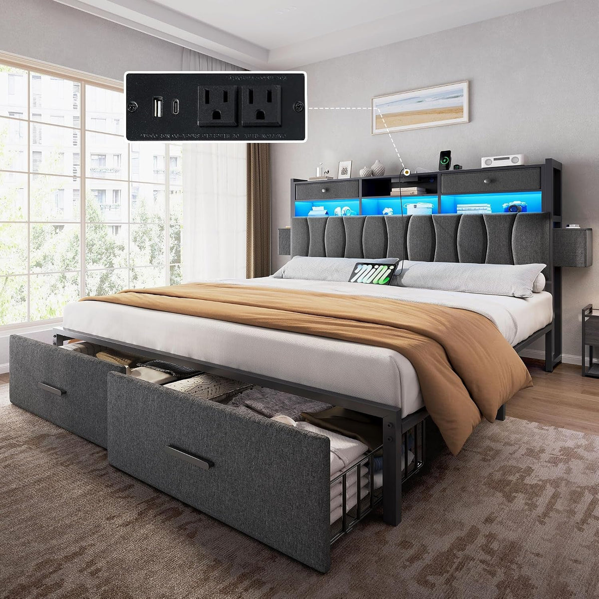 king-size-bed-frame-with-2-storage-drawers-and-charging-station