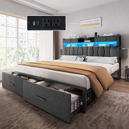 King Size Bed Frame with 2 Storage Drawers and Charging Station1