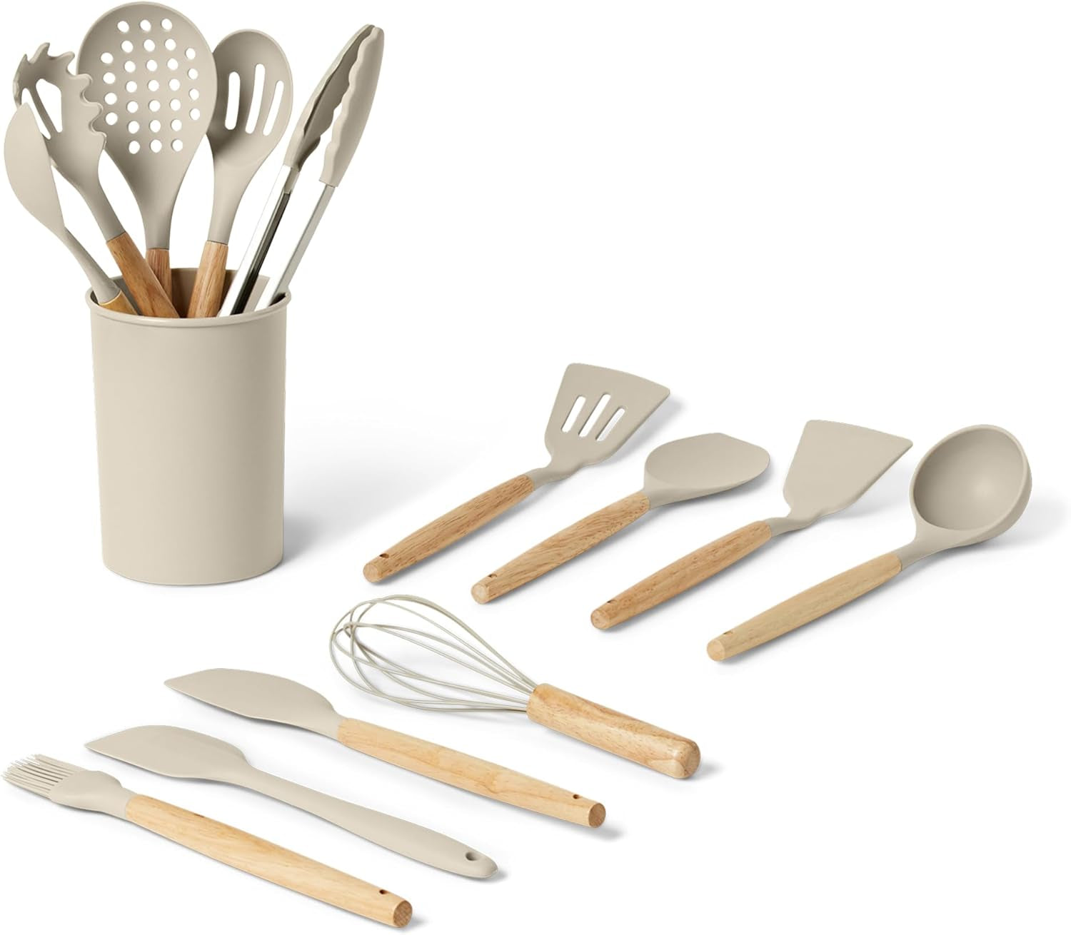 silicone-cooking-utensils-set-with-wooden-handle-14-piece-bpa-free-utensil-holder-included-linen-gray