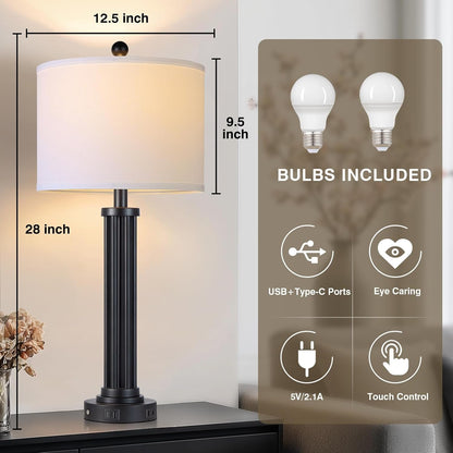 28" Tall Modern Table Lamps Set of 2 with USB C+A Ports and AC Outlet, 3 Way Touch Metal Bedside Lamps for Bedroom, Black Nightstand Lamps for Living Room4