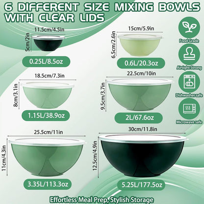 6 Pcs Plastic Mixing Bowl Set with Lids Colorful Serving Bowl Nesting Storage Bowls for Kitchen, Baking, Prepping, Cooking and Serving Food, Dishwasher & Microwave Safe(Green)2
