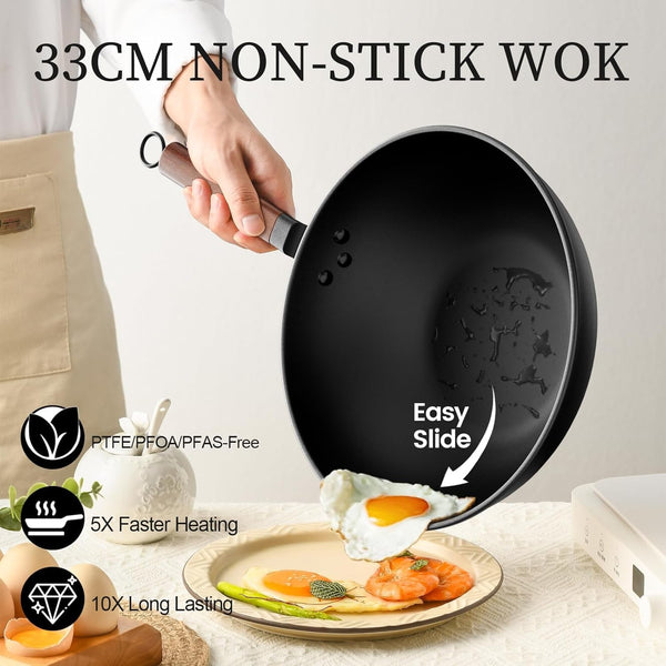 13 Inch Wok with Glass Lid & Silicone Spatula, Naturally Non‑Stick | Pre‑Seasoned 5.6 Quart Carbon Steel Woks & Stir-Fry Pans with Flat‑Bottom, PFOA & Ptfe‑Free Chinese Cookware for All Cooktops4