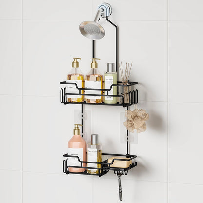 Bathroom Shower Caddy Hanging - Extended Length 2 Tier Rustproof over Shower Head Organizer, No Drilling Bathroom Shelf with 14 Hooks & Soap Holder, Anti-Swing Rack, Black, Medium1