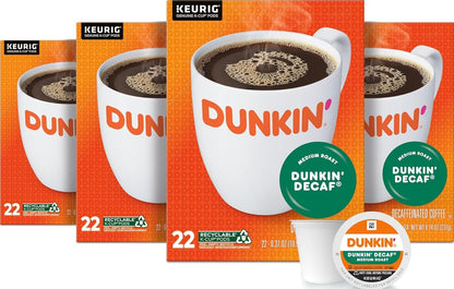 Dunkin’ Decaf Medium Roast Coffee, Keurig K-Cup Pods, 88 Count | 4 Boxes of 22 Single Serve Coffee Pods Each, Smooth & Rich Flavor, Made with Arabica Coffee, Shelf Stable, SNAP EBT Eligible1