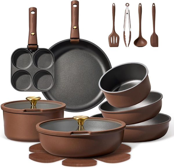 21Pcs Pots and Pans Set, Nonstick Cookware Set Detachable Handle, Induction Kitchen Cookware Sets Non Stick with Removable Handle, RV Cookware Set, Oven Safe, Brown1