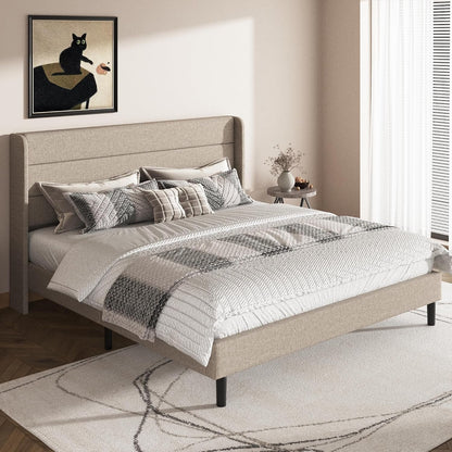 Queen Size Bed Frame Linen Upholstered with Wing Headboard, Beige1