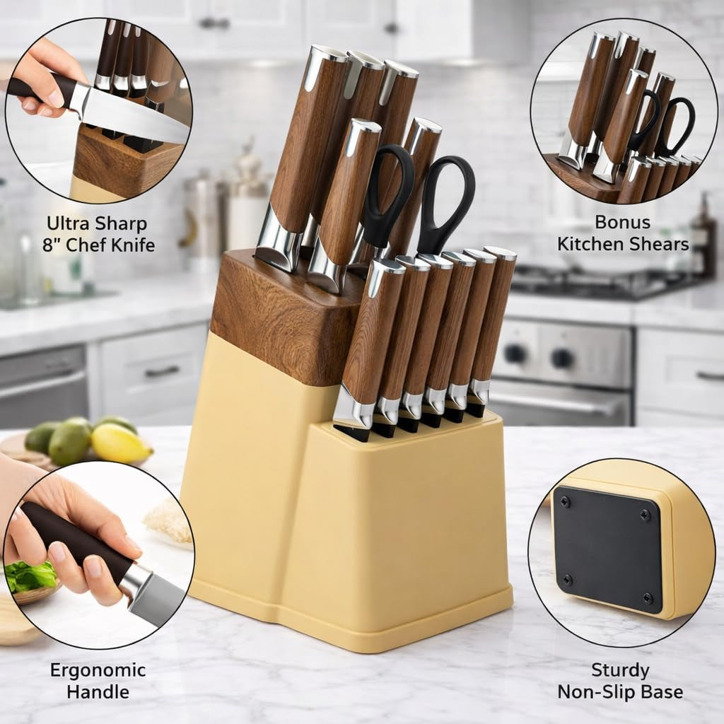 13-piece-kitchen-knife-set-with-block-and-6-steak-knives-brown-dishwasher-safe-stainless-steel-knives-soft-touch-handles-bottle-opener-shears-and-a-drain-hole-storage-block