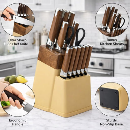 13-Piece Kitchen Knife Set with Block and 6 Steak Knives (Brown) | Dishwasher-Safe Stainless Steel Knives, Soft-Touch Handles, Bottle-Opener Shears and a Drain-Hole Storage Block4
