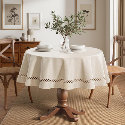 Beige 60 Inch round Linen Tablecloth with Decorative Cutouts | Waterproof Stain Resistant & Shrink-Proof Table Cloth, Farmhouse Style, for Dining Wedding Kitchen Party Outdoor3