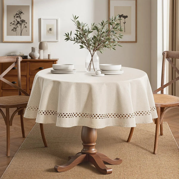 Beige 60 Inch round Linen Tablecloth with Decorative Cutouts | Waterproof Stain Resistant & Shrink-Proof Table Cloth, Farmhouse Style, for Dining Wedding Kitchen Party Outdoor3