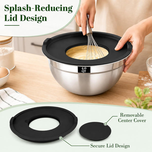 8PCS Mixing Bowls with Lids Set - 5 Nesting Mixing Bowls, 3 Grater Attachments, Lids, Stainless Steel Mixing Bowls for Mixing & Serving, Size 1.5/2.1/3.5/4/4.5 QT, Black3