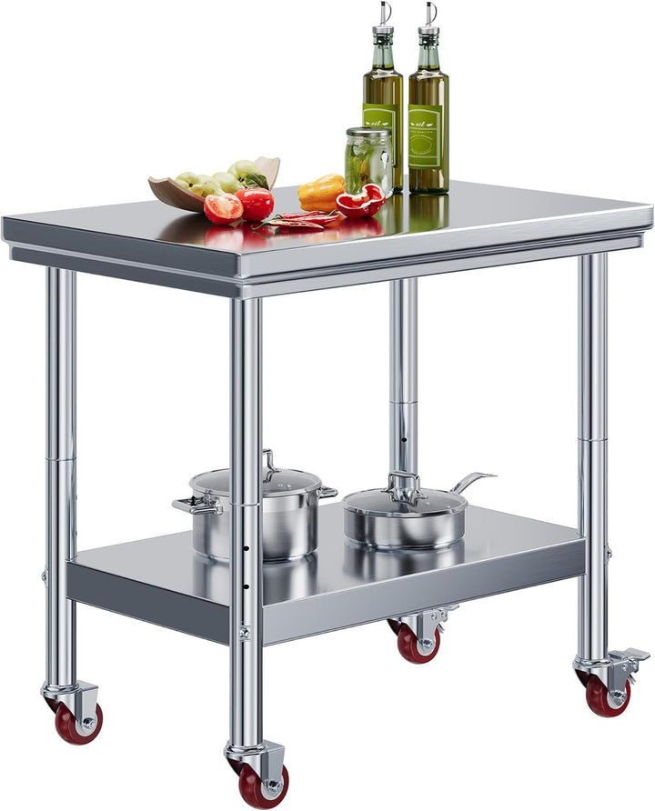 36 X 24-Inch Stainless Steel Prep Table with Casters | 24 X 36 In, Adjustable Undershelf and Casters, for Restaurant, Catering, Bar and Food Service