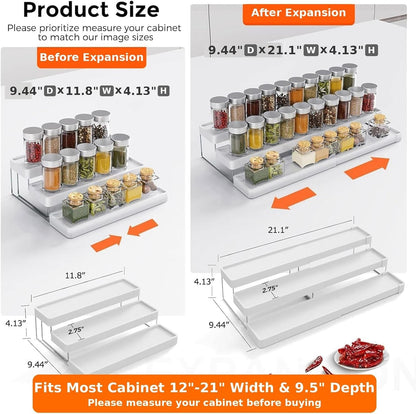 Expandable Spice Rack Organizer for Cabinet - 3 Tier Adjustable Cabinet Spice Organizer Easy Visibility - Spice Organizer for Cabinet Countertop Cupboard Pantry Organization (White)2