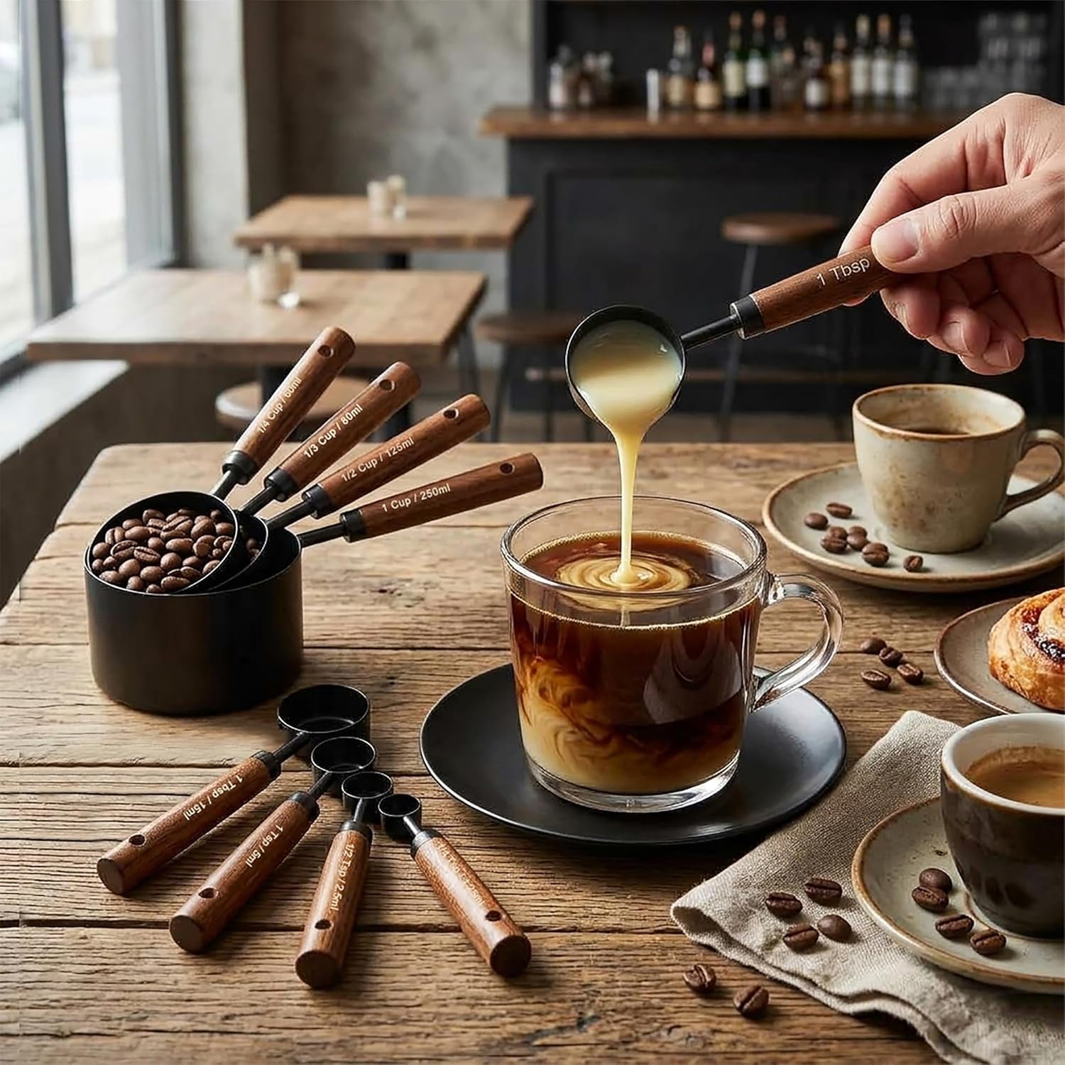 measuring-cups-and-spoons-set-8pcs-stainless-steel-metal-measuring-cups-walnut-wood-handle-black-plated-for-dry-and-liquid-ingredients