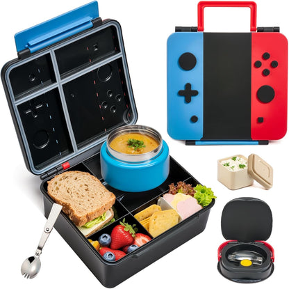 Game Bento Box for Kids, Lunch Box with Thermo(9Oz Food Jar), Folding Spoon, Removable Divider & Sauce Cup, Lunch Box Kids for School,Travel, Bpa-Free & Realistic Shape(Blue-Red)1