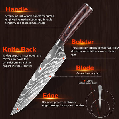 Kitchen Knife Set, 9 Pieces High Carbon Stainless Steel Chef Knife Set | Japanese Kitchen Knives Set with Roll Bag, Ergonomic Handle Dishwasher Safe Knives Set for Kitchen, Camping, Outdoor BBQ8
