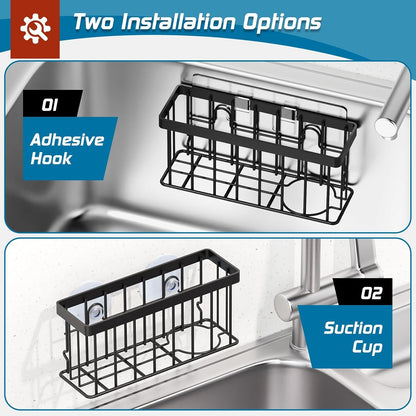 Sponge Holder for Kitchen Sink,Sink Caddy Organizer with Suction Cups/Adhesive Strips,Dish Sponge Holder Design for Sponges,Scrubber,Stoppers-Black3