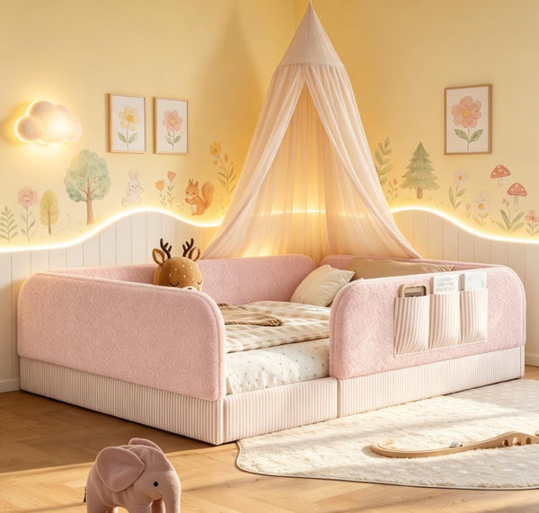 Queen Upholstered Floor Bed with Slats and Guardrail,Side Storage Pocket,Teddy, Pink3