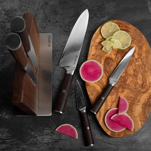 Magnetic Kitchen Knife Block Set - Japanese 67 Layer High-Grade VG-10 Steel Knives, Sharp, G10 Handle Professional Kitchen Knife Set - Damascus (6 Pieces), Brown Pakkawood Handles4